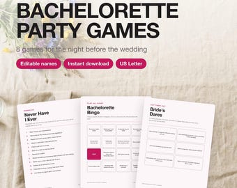 Bachelorette Party Games Printable | 8 Game Bundle with Editable Names | Never Have I Ever, Drink If, Dares | Instant Download