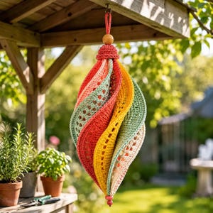 Peut inclure: Une décoration en crochet suspendue présentant un design en spirale multicolore dans des tons corail, vert sauge, jaune et crème. La pièce est réalisée avec des points ajourés complexes et est ornée d'une petite perle en bois à chaque extrémité.