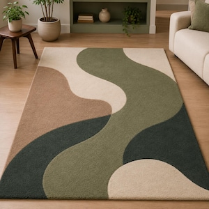 Modern Abstract Area Rug, Sage Green and Cream Rug, Wavy Geometric Rug for Living Room, Neutral Contemporary Home Decor