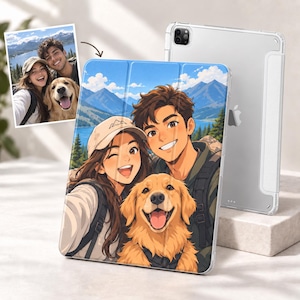 May include: A clear tablet case featuring a custom anime-style illustration of a person in a beige cap, a person with dark hair, and a golden retriever dog against a mountain lake background, shown alongside a reference photograph of the same subjects.