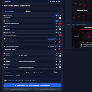 May include: A digital interface for designing business cards, featuring a dark theme with input fields for contact details, company name Tech & Co, and job title. The preview shows two black cards with red geometric lines and a QR code.