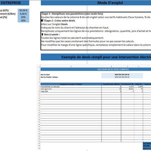 Peut inclure: Un modèle de feuille de calcul numérique pour devis d'entreprise comprenant une section de configuration avec taux horaires et taxes, un guide d'utilisation, et un exemple de calculateur de devis pour travaux électriques avec lignes de coûts.