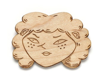 Angry witch brooch - woman portrait pin in lasercut maple wood - feminist jewelry - girl power - single widow child-free