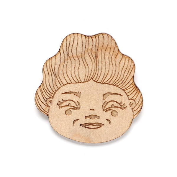 Smiling woman brooch in lasercut maple wood - laughing lady with wig pin - big hair jewelry - funny portrait accessory