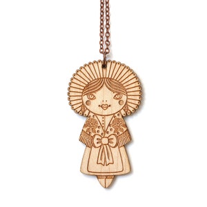 Wooden doll necklace with traditional costume from Calais made of lasercut wood folklore pendant lace and flowers cute jewelry image 1