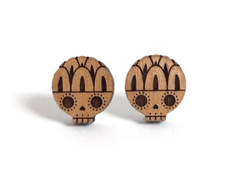 Calavera wooden lasercut earrings - Mexican sugar skull jewelry - Halloween gift for her - nickel free hypoallergenic surgical steel studs