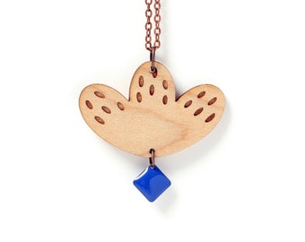 Graphic flower pendant in lasercut wood with cobalt sequin - 9 different colors - wooden floral necklace - fall jewelry designer gift