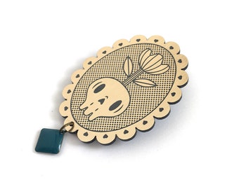 Memento mori brooch with skull and flower, in lasercut brushed gold acrylic