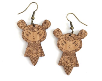 Angry doll earrings in lasercut wood - cute Kokeshi character jewelry - matryoshka accessory - perfect gift for kawaii collector