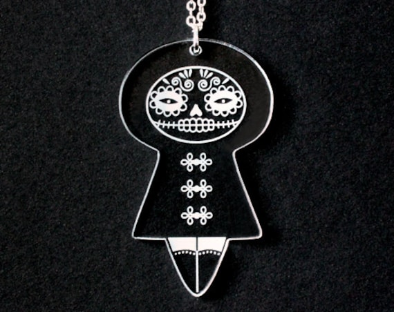 Doll necklace Catrina - Mexican sugar skull jewelry - calavera accessory - dia de los muertos pendant - santa muerte - lasercut acrylic