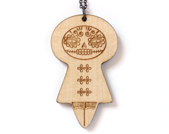 Wooden doll necklace - Mexican sugar skull necklace - Catrina pendant - dia de los muertos jewelry - santa muerte - lasercut maple wood