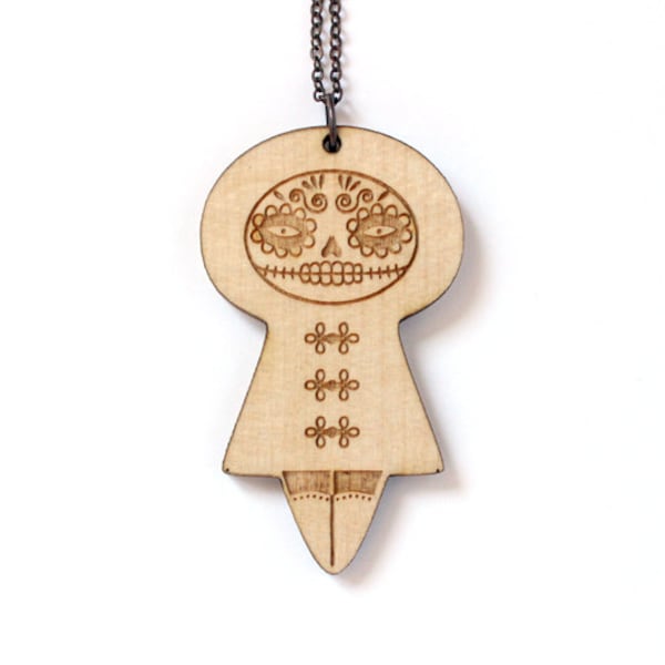 Collier Poupée mexicaine - pendentif poupée dia de los muertos - santa muerte - matriochka - kokeshi - gravé et découpé au laser