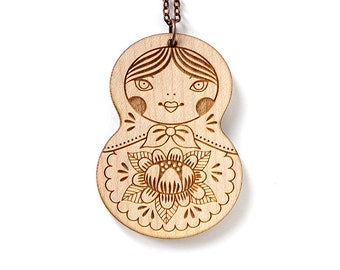 Wooden doll necklace - Matryoshka pendant - Russian doll necklace - cute wooden jewelry - illustrated - kawaii - lasercut wood