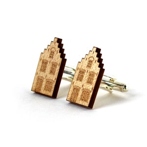 Boutons de manchette Maison hollandaise - accessoire mariage architecture - bois d&#39;érable gravé au laser - marié témoin parrain papa père