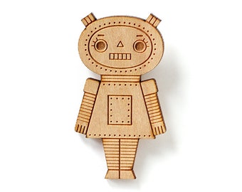 Wooden doll brooch - Robot girl pin - lasercut wood - geek pin - retro robot - cute kawaii wooden jewelry - geek jewellery - lasercutting