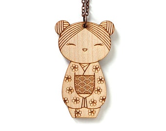 Wooden doll necklace - Kokeshi pendant - Japanese doll - cute wooden jewelry - illustrated - kawaii - lasercut wood - seikaiha - sakura