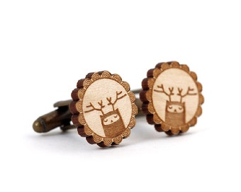 Reindeer cufflinks - deer cufflinks - stag - elk - woodland creature fantasy wedding accessory - lasercut maple wood - groom bestman man dad