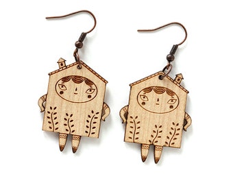 Wooden tiny house earrings - lasercut maple wood - cute little doll - architecture jewelry - lasercutting - gift for architect