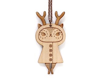 Lasercut wood whimsical creature pendant - reindeer necklace - cute doe jewelry - kawaii deer jewellery - lasercutting