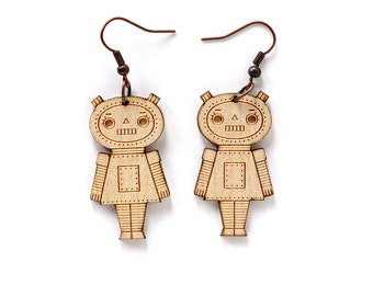 Wooden girl robot earrings - lasercut maple wood - geek earrings - robotic doll jewelry - lasercutting