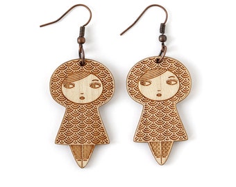 Doll earrings with seikaiha pattern - graphic matriochka jewelry - kawaii kokeshi jewellery - japanese cute earrings - lasercut maple wood