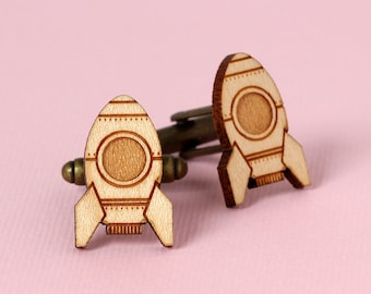 Boutons de manchette Fusée en bois gravé au laser - accessoire mariage vaisseau spatial - cadeau science fiction pour homme - fête des pères