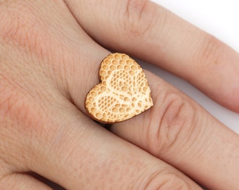 Heart shaped adjustable ring with lace pattern made in lasercut maple wood - romantic jewelry - Valentine gift - bridesmaid accessory