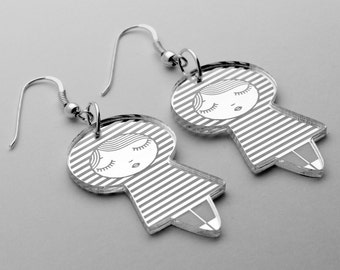 Doll earrings with striped pattern - sailor - cute matriochka jewelry - kawaii kokeshi jewellery - sterling silver - lasercut acrylic mirror