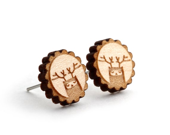 Reindeer studs - deer posts - mini forest animal earrings - tiny creature jewelry - lasercut maple wood - hypoallergenic surgical steel