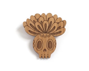 Skull brooch with flower haircut in lasercut alder or walnut wood - Halloween calavera pin - vanitas jewelry - catrina scary accessory