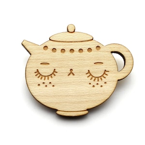 Teapot brooch - cute teapot pin - tea character jewelry - teatime jewellery - lasercut maple wood - graphic minimalist poetic romantic