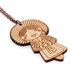 Wooden doll necklace with traditional costume from Calais made of lasercut wood folklore pendant lace and flowers cute jewelry image 2