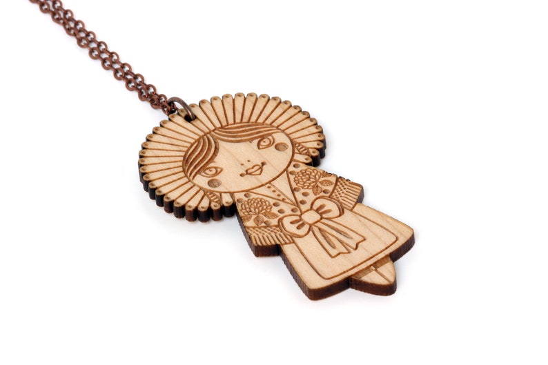 Wooden doll necklace with traditional costume from Calais made of lasercut wood folklore pendant lace and flowers cute jewelry image 2