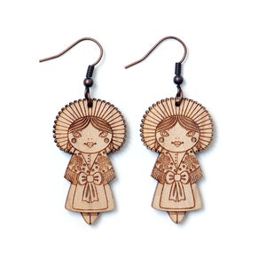 Wooden doll necklace with traditional costume from Calais made of lasercut wood folklore pendant lace and flowers cute jewelry image 8