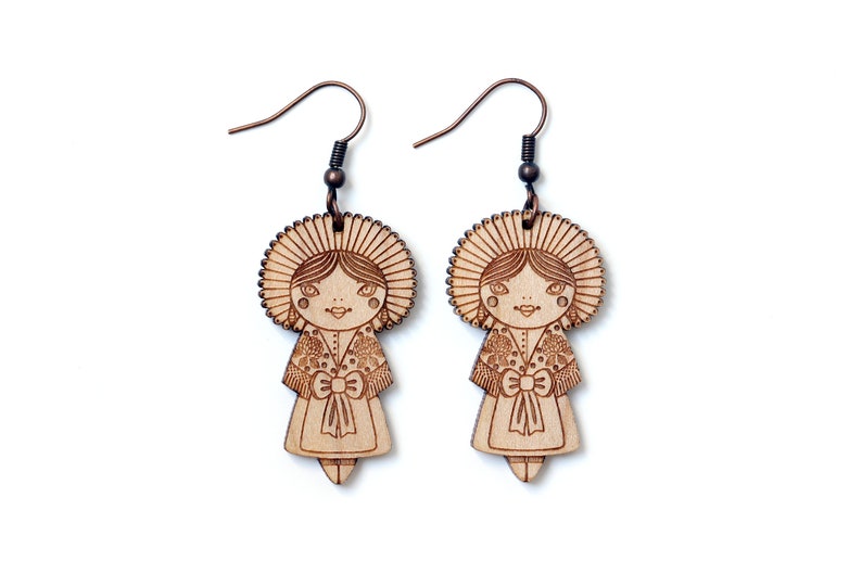 Wooden doll necklace with traditional costume from Calais made of lasercut wood folklore pendant lace and flowers cute jewelry image 8