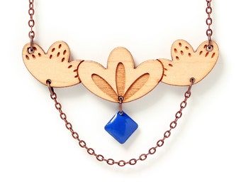 Statement floral necklace in lasercut wood with chain and cobalt sequin - 9 different colors - wooden fall jewelry designer gift