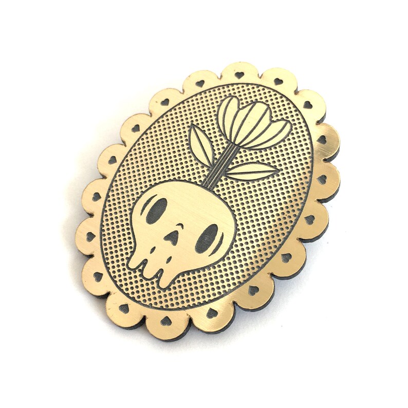 Memento mori brooch with skull and flower, in lasercut brushed gold acrylic image 8