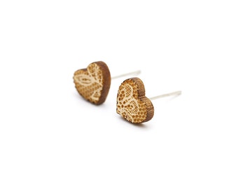 Heart studs with lace pattern - tiny heart earrings - romantic mini jewelry - lasercut maple wood - hypoallergenic surgical steel posts