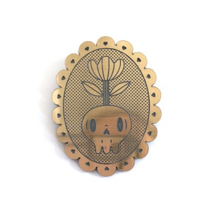 Memento mori brooch with skull and flower, in lasercut brushed gold acrylic image 5