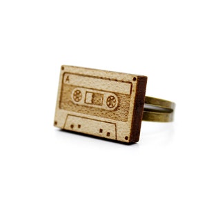 Audio tape ring lasercut maple wood graphic laser jewelry music accessory retro vintage 80's 90's OSFA adjustable image 1