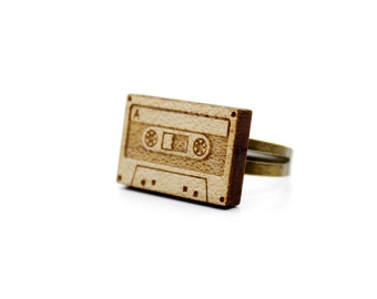 Audio tape ring - lasercut maple wood - graphic laser jewelry - music accessory - retro - vintage - 80's - 90's - OSFA - adjustable