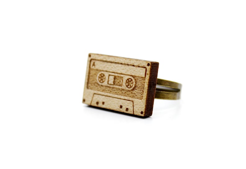 Audio tape ring lasercut maple wood graphic laser jewelry music accessory retro vintage 80's 90's OSFA adjustable image 1