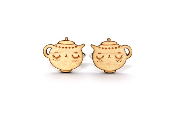 Teapot cufflinks - wedding jewelry - tea lover - lasercut accessory - maple wood - gift - man - dad - groom - bestman - graphic - offbeat