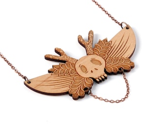 Winged skull with antlers bib necklace in lasercut wood - statement gothic pendant - wings flowers and leaves - tattoo jewelry - Vanitas