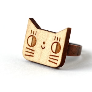 Bague Chat bague en bois gravé au laser bague kawaii découpe laser bois et métal bijou graphique mignon image 1