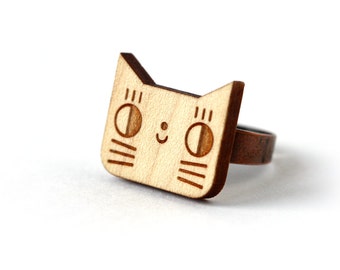 Bague Chat - Bague und Holz mit Lasergravur - Kawaii Bague - Laser-Decoupé - Holz und Metall - Bijou Graphique Mignon