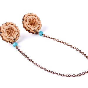 Flower collar pins in lasercut wood with chain and beads - floral cardigan clips - shirt clasps - sweater guards - fall jewelry - Botanica