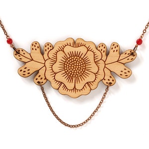 Floral bib necklace in lasercut wood statement fall jewelry with flower and leaves foliage pendant autumn jewelry Botanica image 2
