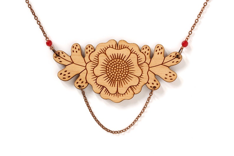 Floral bib necklace in lasercut wood statement fall jewelry with flower and leaves foliage pendant autumn jewelry Botanica image 2