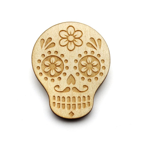 Broche Calavera en bois découpé au laser - crâne mexicain - Fête des Morts - cadeau Halloween - bijou ethnique